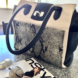 Faux Leather Snake Print Color Block Tote Handbag