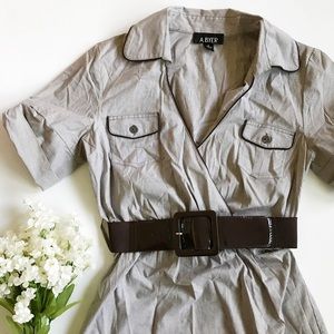 Pinstripe Greige Belted Dress
