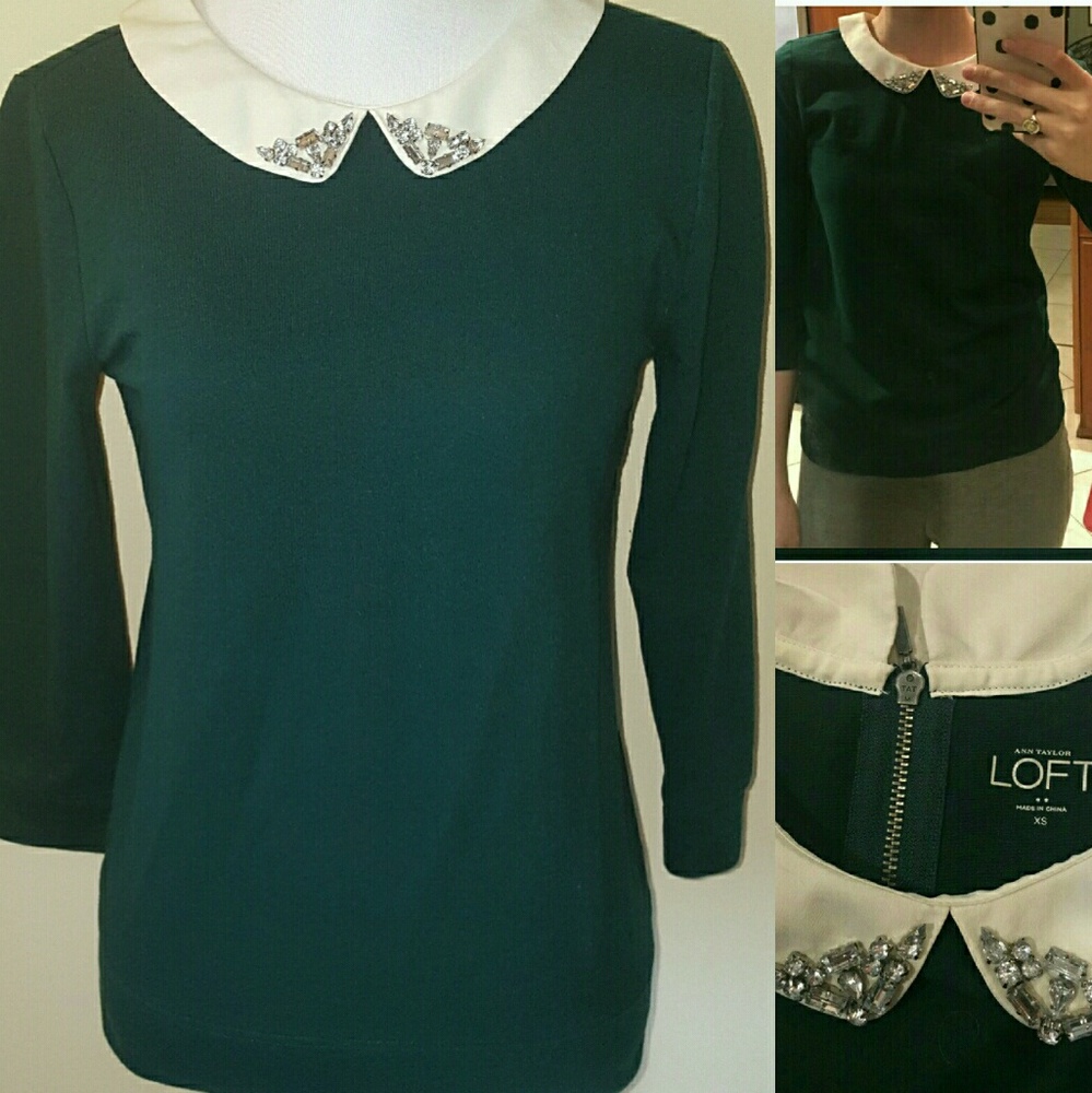 Loft Green Sweater w/ Embellished Collar
