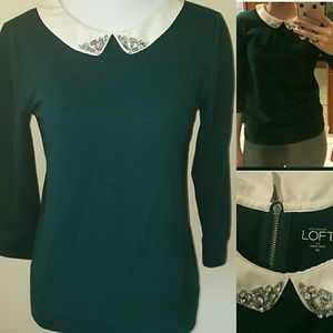 Loft Green Sweater w/ Embellished Collar