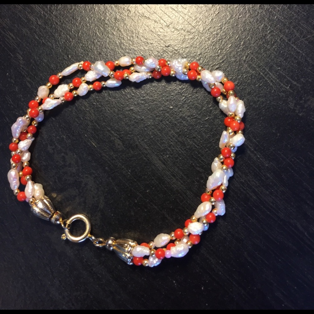 Coral and freshwater pearl bracelet or anklet