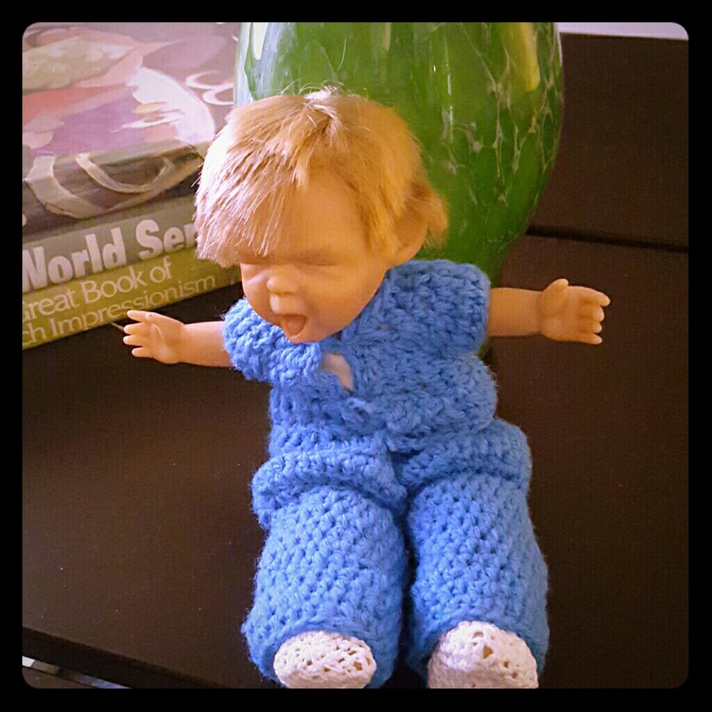 baby doll hand knit blue outfit & ivory booties