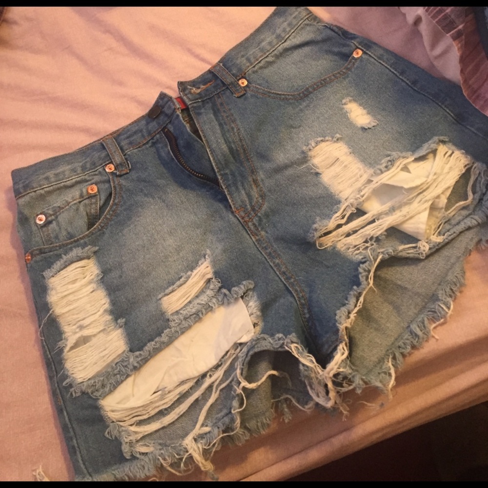 High-waisted, Distressed Denim shorts