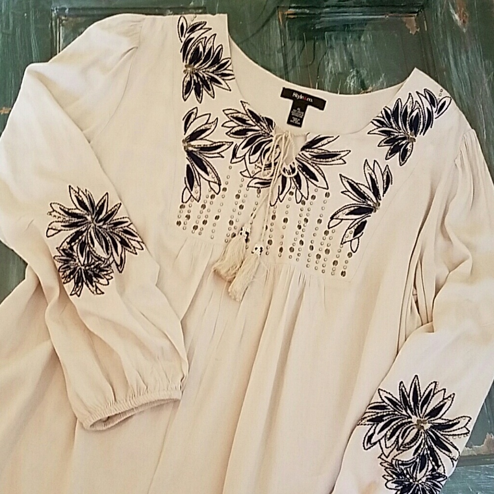 {Style & Co} Embroidery & Beaded Tassel Top