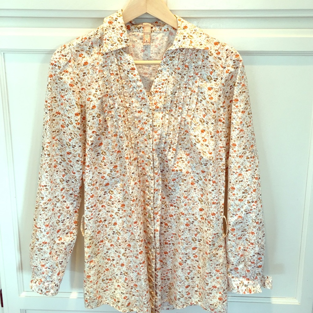 Brown and orange flower printed belted blouse (M)