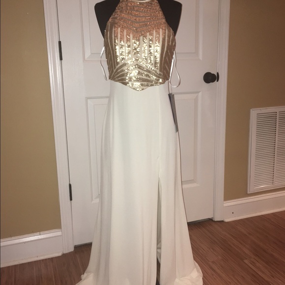 White and Gold Sequin Prom Dress - Picture 1 of 3