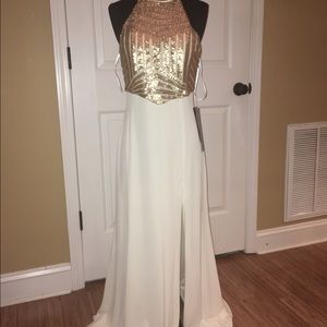 White and Gold Sequin Prom Dress