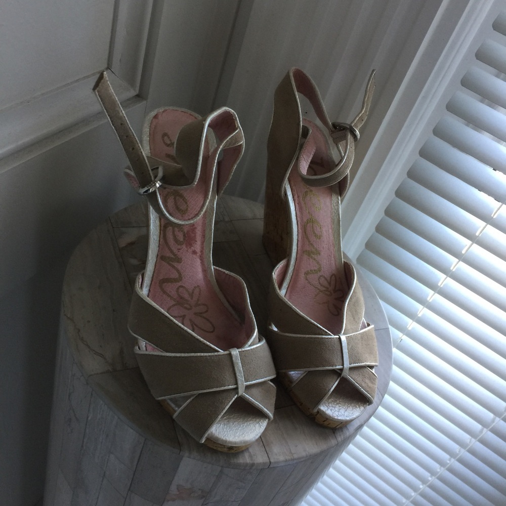 Tan suede by sheen cork wedges.