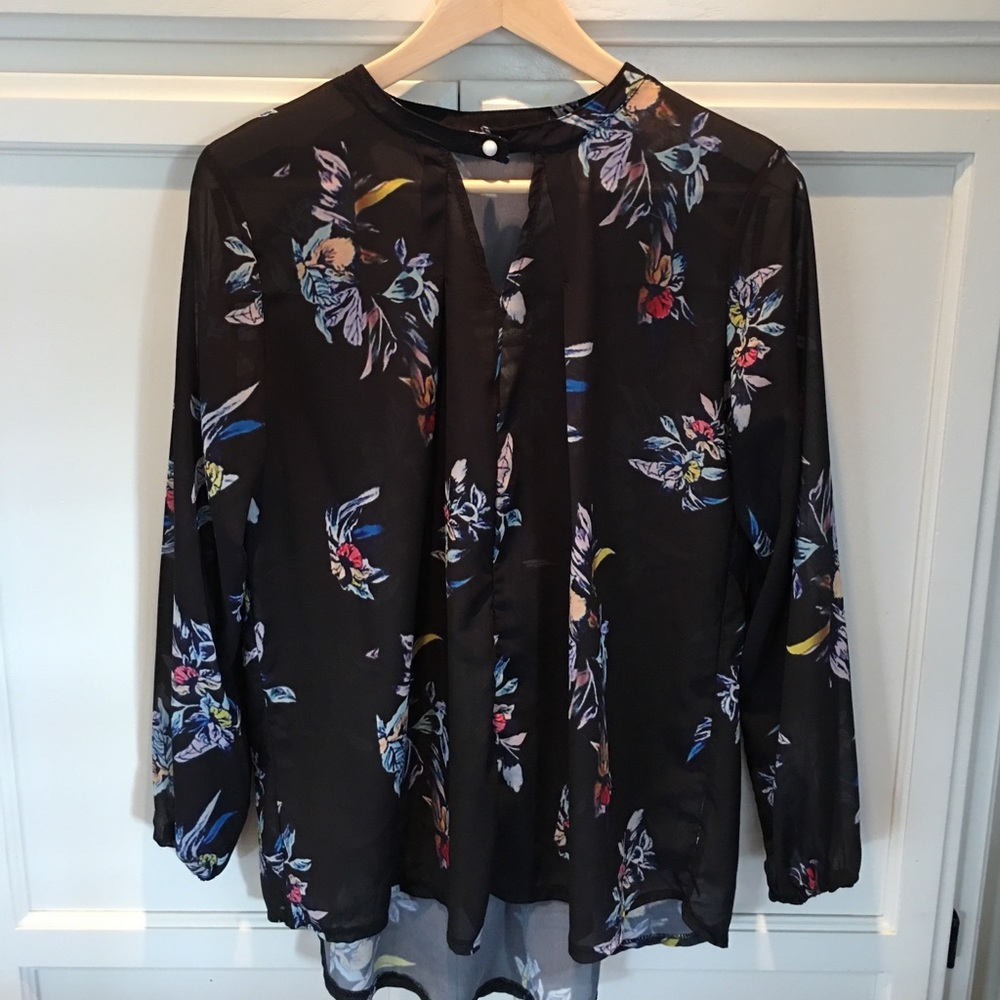 Sheer navy floral printed blouse (M)