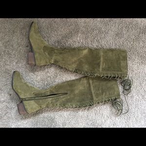 Over the knee suede lace up boots in Olive green.