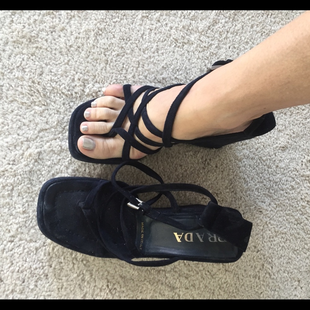 Navy suede Prada strappy wedges
