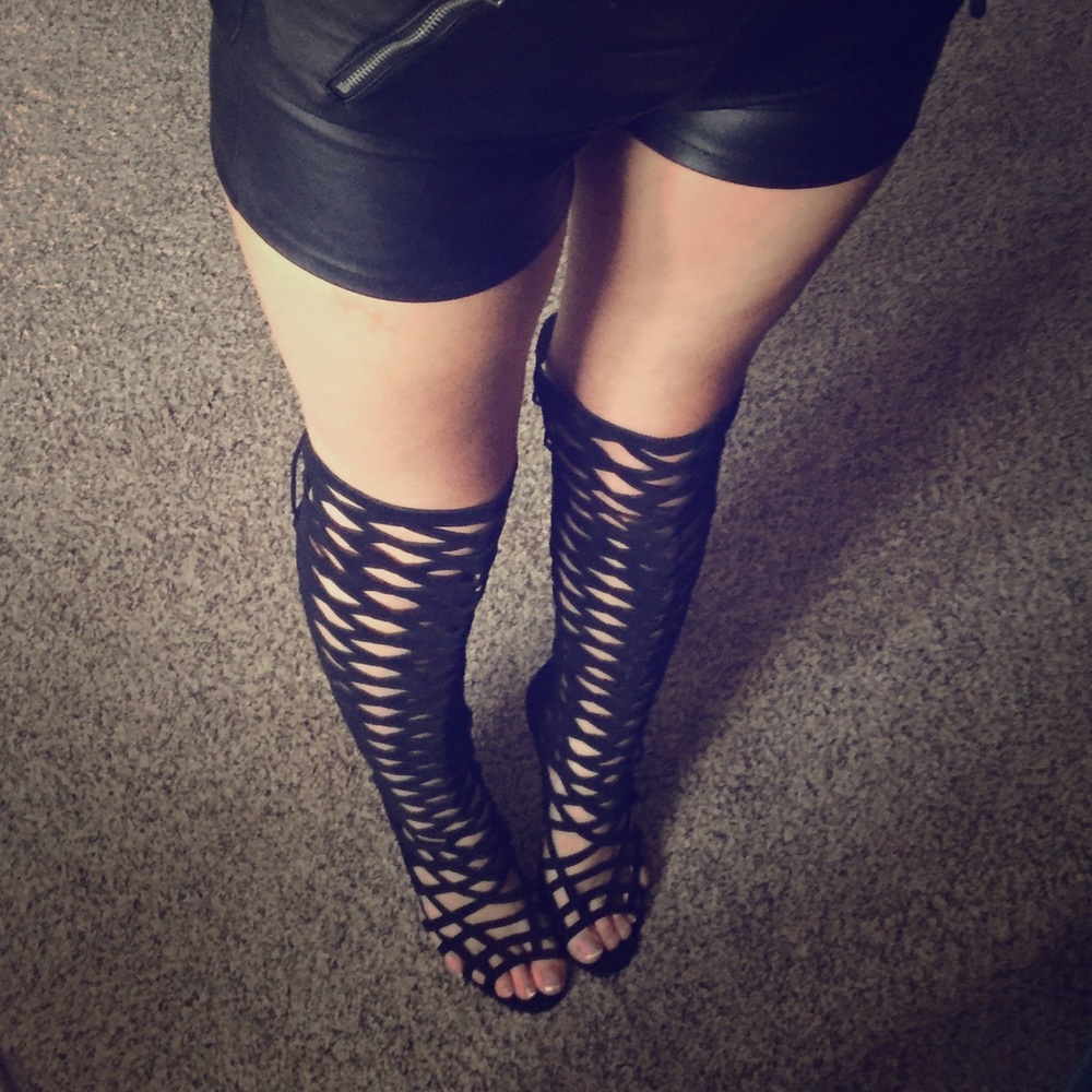 Diamond Cut-Out Knee High Suede Heels