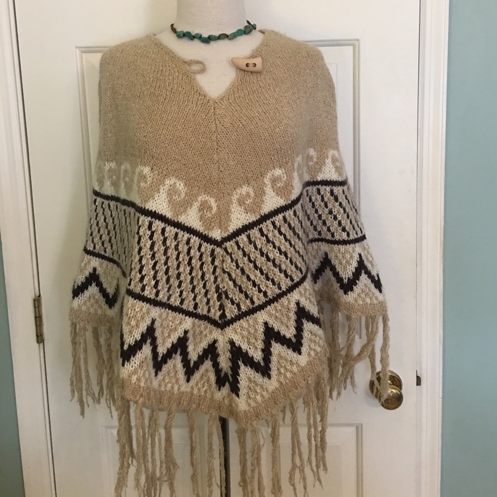 Max Studio Wool Blend Poncho with Fringe