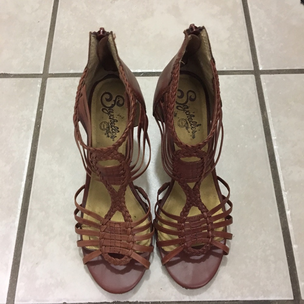 Seychelles cognac heeled woven sandals