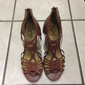 Seychelles cognac heeled woven sandals