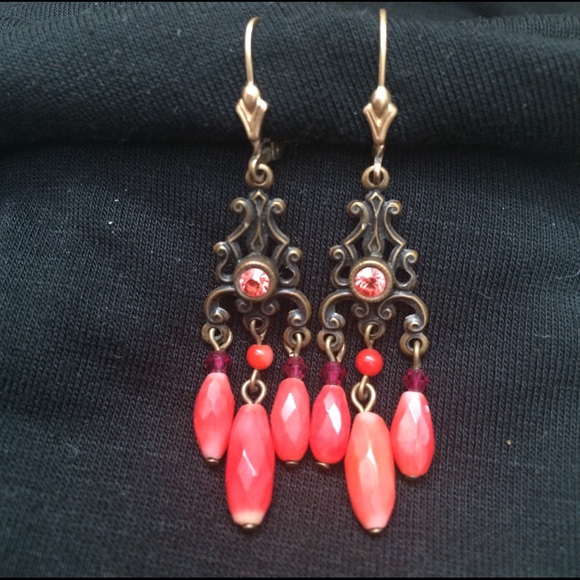 Coral colored 14kt Gold Filled dangle earrings - Picture 3 of 5