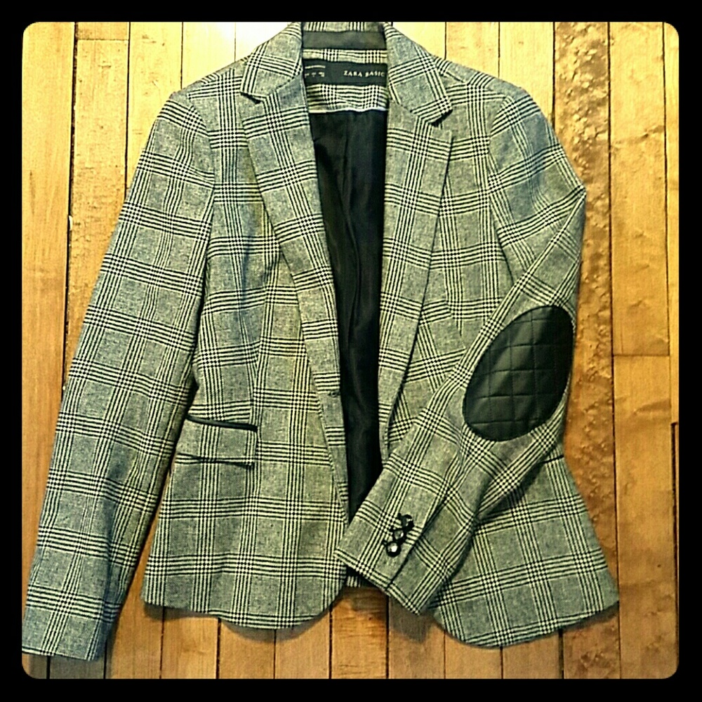 Zara basic gray plaid wool blazer w/ elbow patches