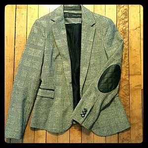 Zara basic gray plaid wool blazer w/ elbow patches