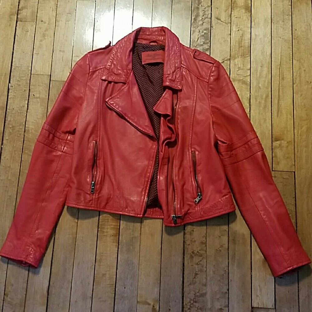 Zara woman red lamb's leather moto jacket