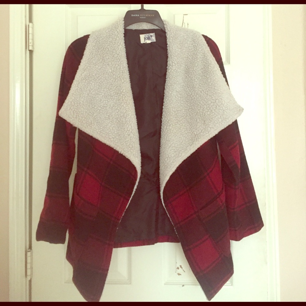 Red and Black Plaid Shearling Cardigan