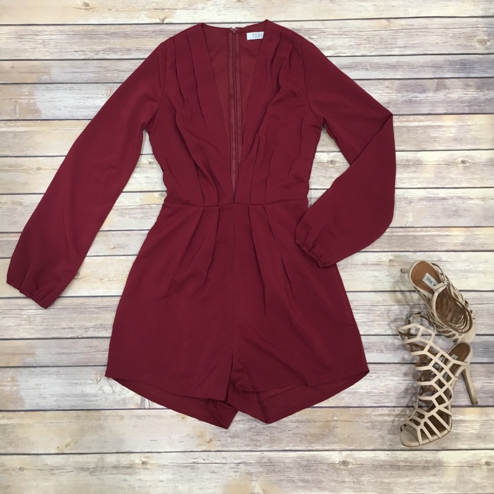 Tobi Burgundy Plunge V-neck romper