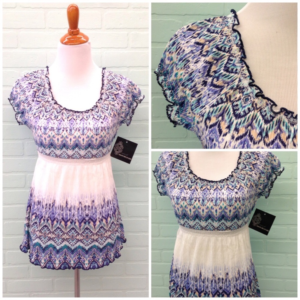 NWT Blue & White Peasant Top Shirt Blouse