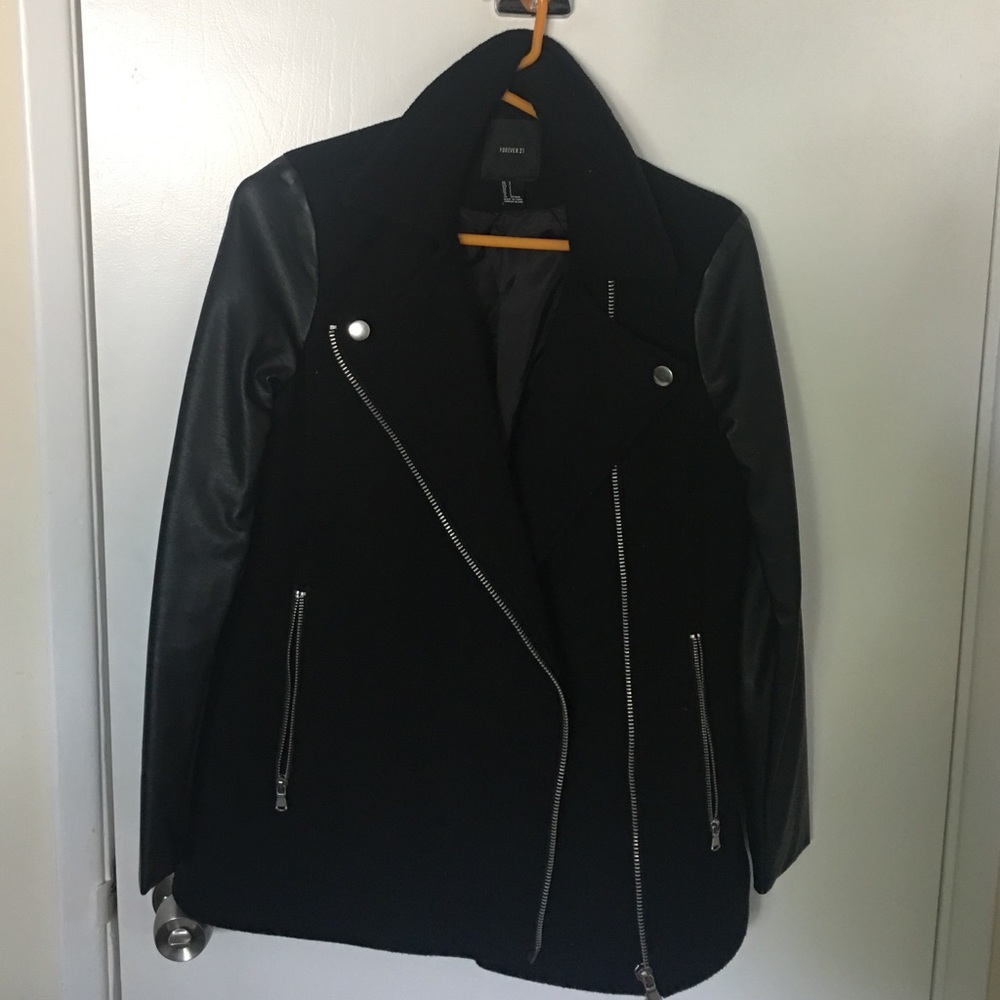 Black jacket with faux leather sleeves