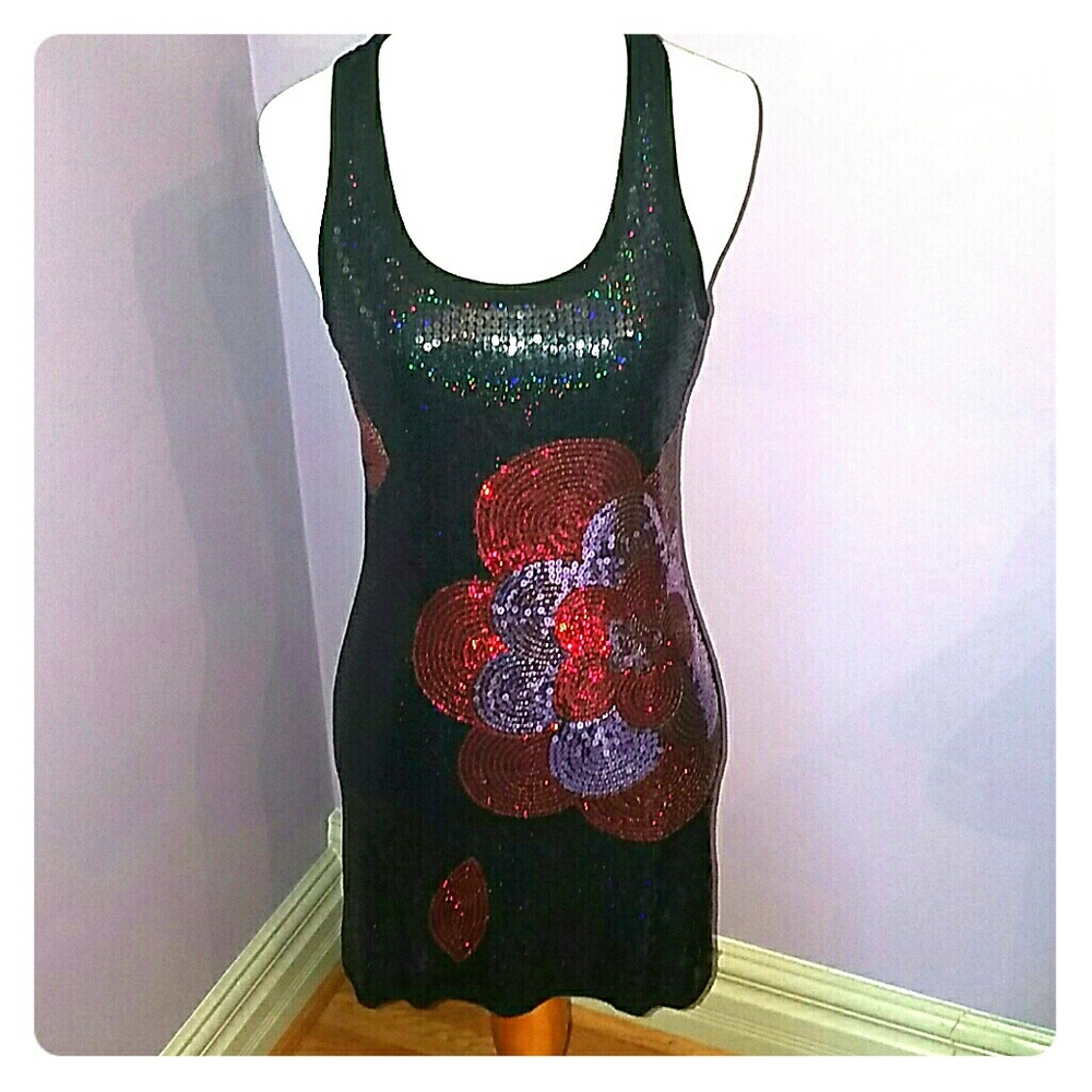 Bodycon Black Sequined Flower Dress