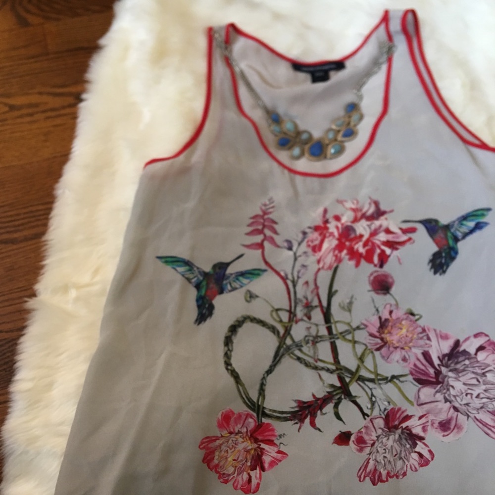 French Connection Grey Silk Print Tank Flower Bird