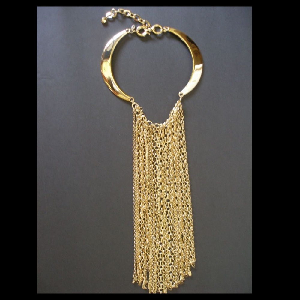 Chico's black label bib long gold fringe Necklace