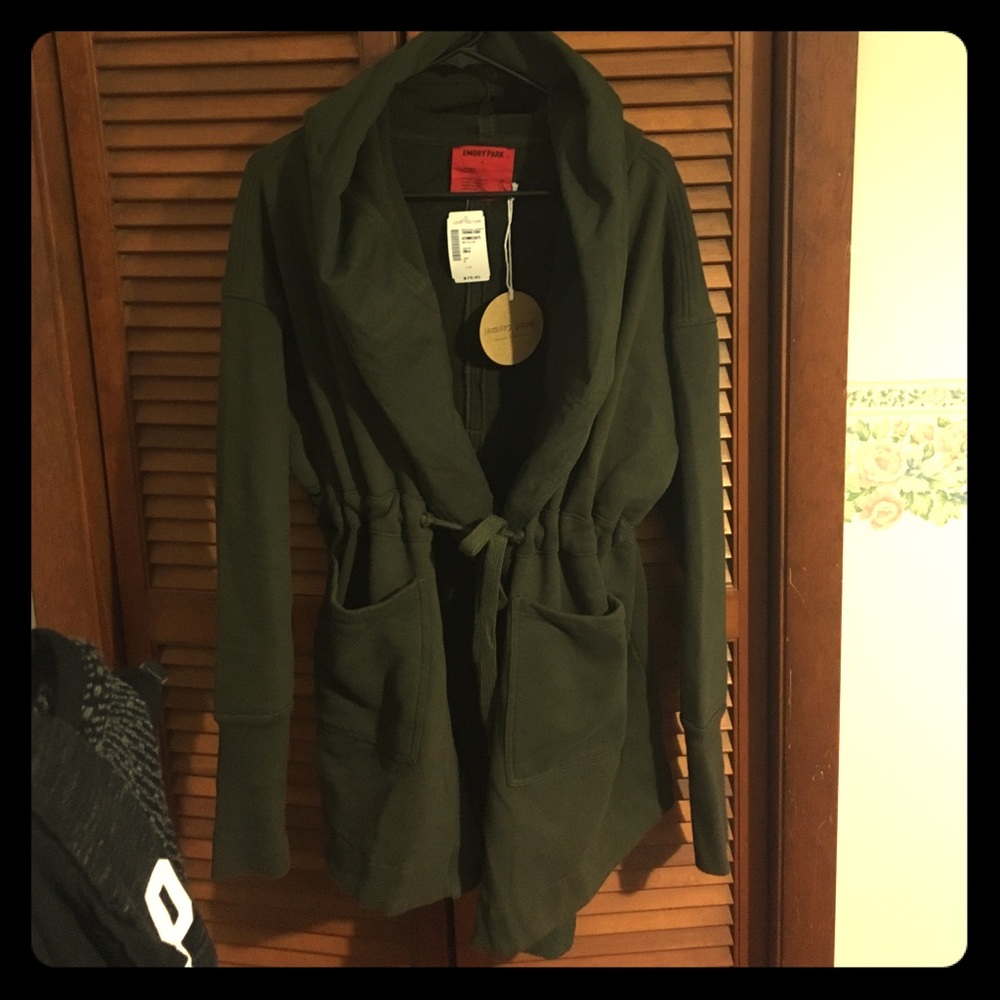 Draped hooded jacket.