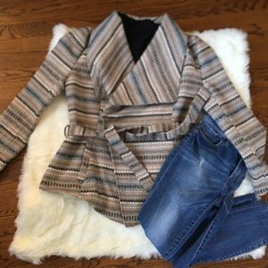 woven wrap jacket belted tribal print shawl collar