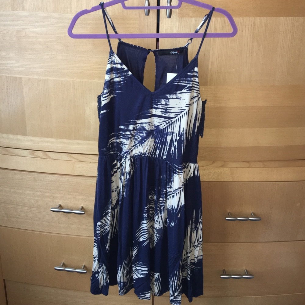 Navy and creme tropical print dress