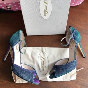 SJP Iridescent Teal Ursula Peep-toe MaryJane Heels