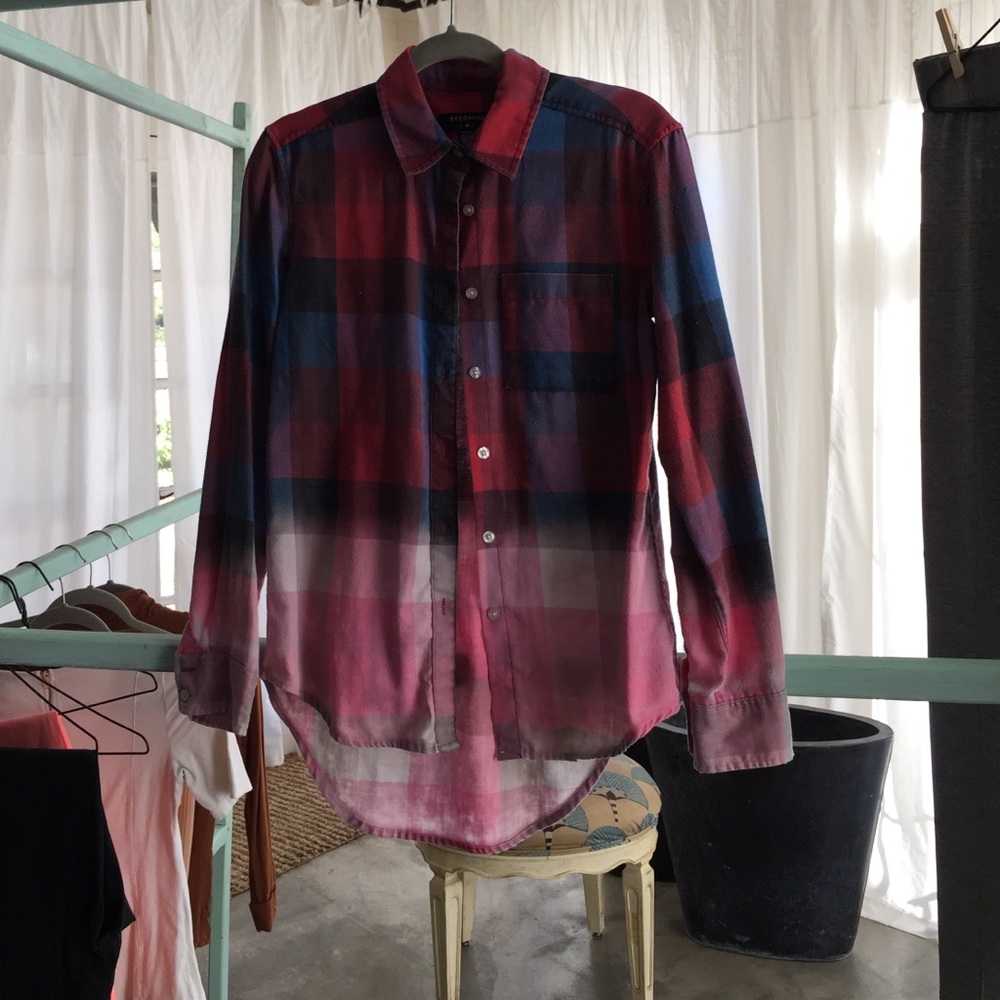 Red blue and pink checkered button down