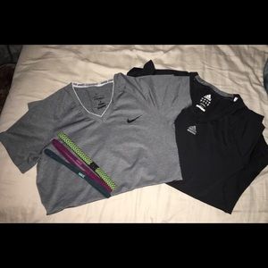 Workout tee bundle and 3 Nike head bands