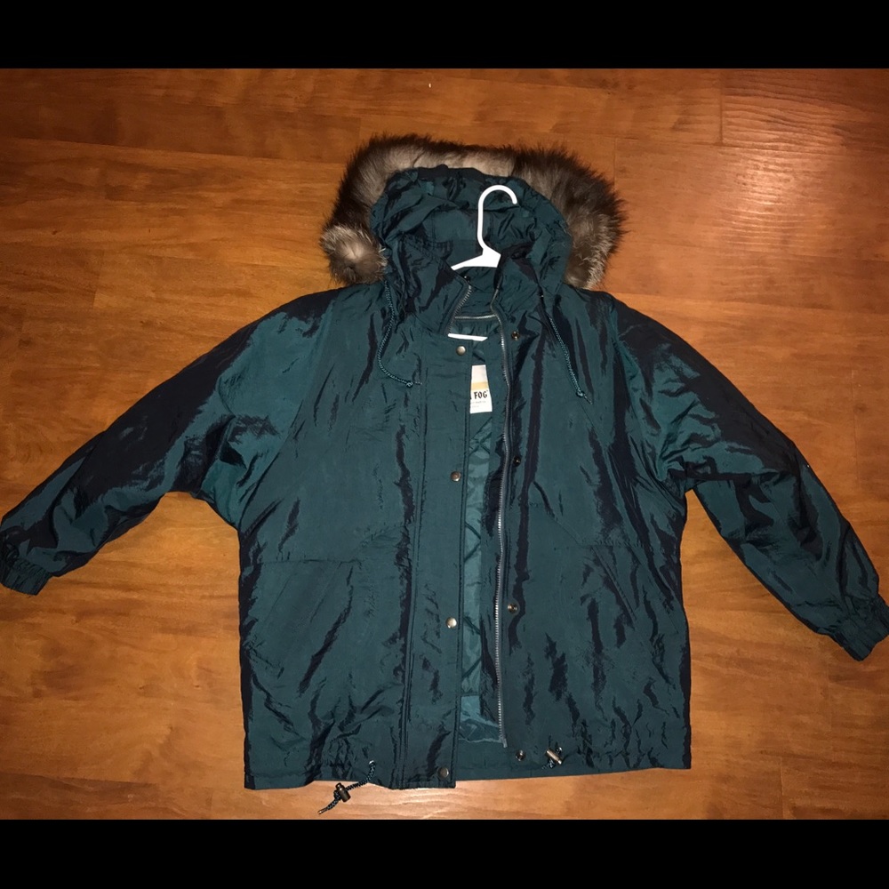 Vintage Blue Winter Ski Fur Hooded Coat Jacket