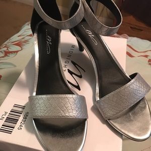 Silver snake skin ankle strap sandals
