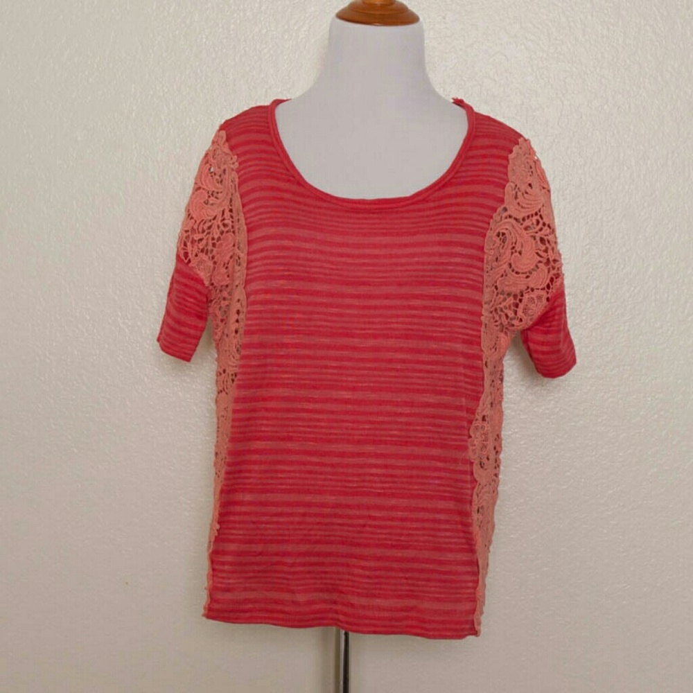 We the Free Coral Striped Lace Top