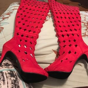 Red lace up knee boots