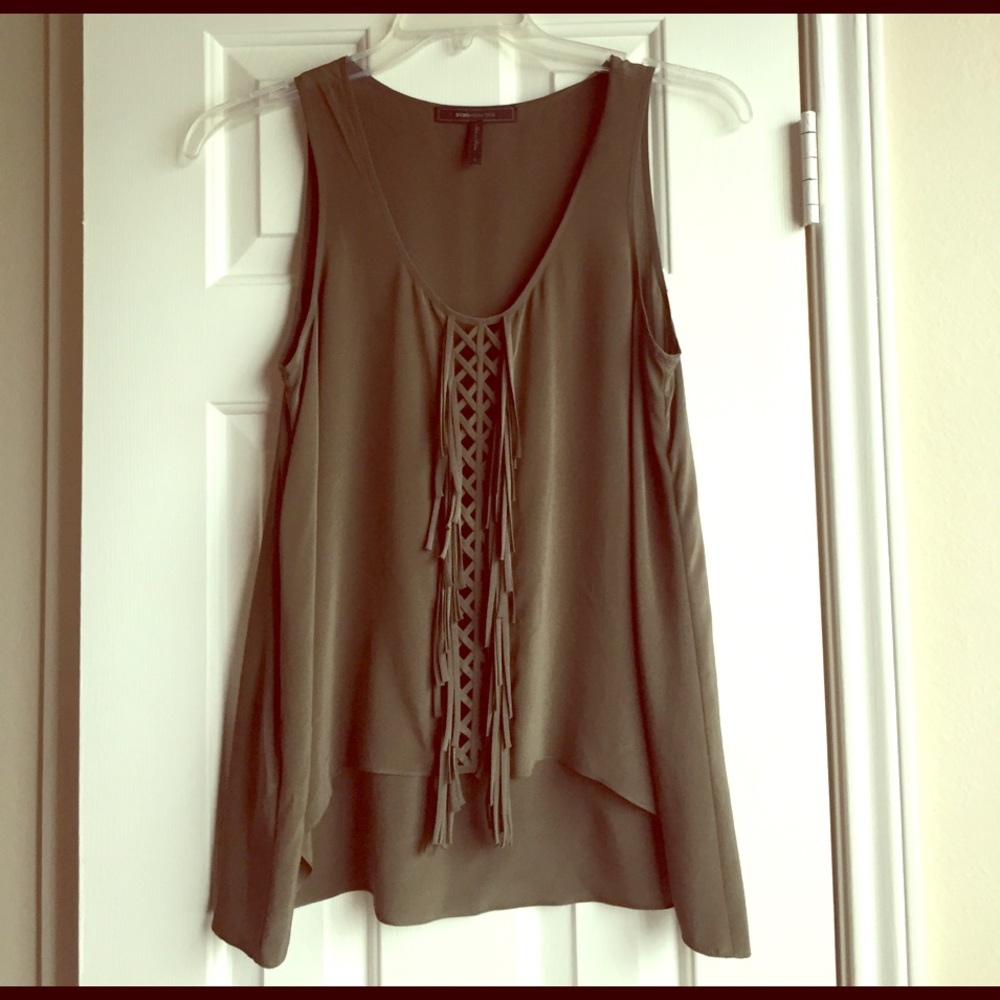 BCBG Maxazria Olive Fringe Sleeveless Tunic