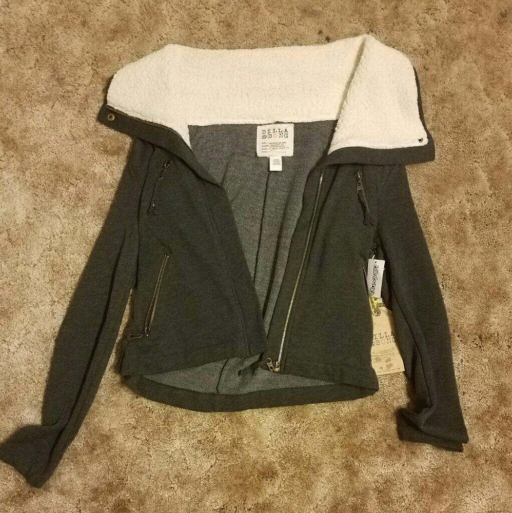 Charcoal grey light jacket with white fuzz