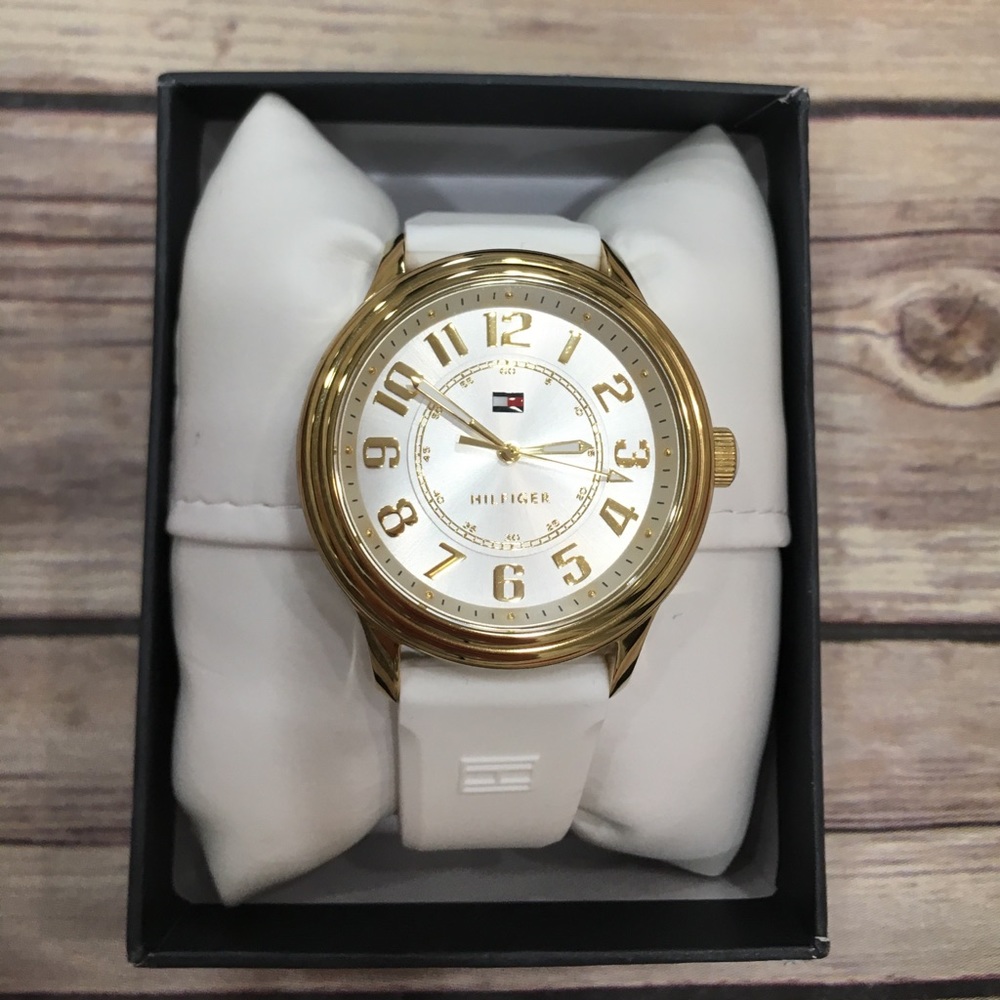 Tommy Hilfiger gold watch with white strap