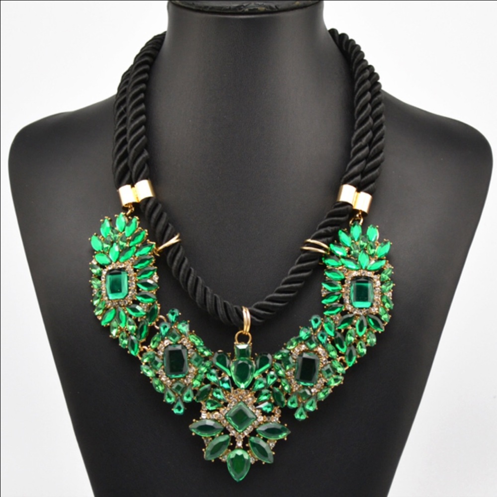 Shourouk Style Emerald Braided Rope Necklace