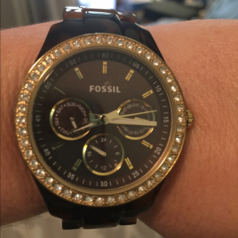 Fossil tortoise shell watch with gold accents