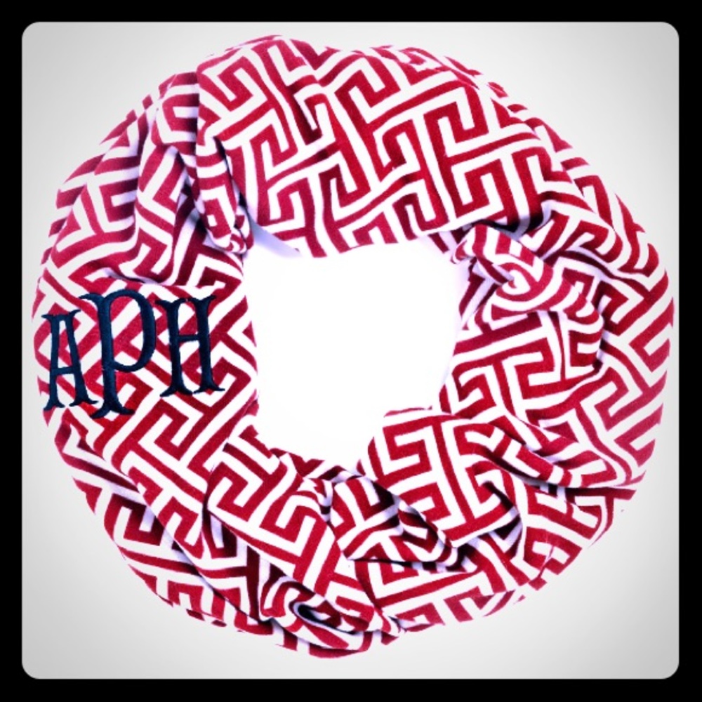 Red Greek Key infinity scarf.