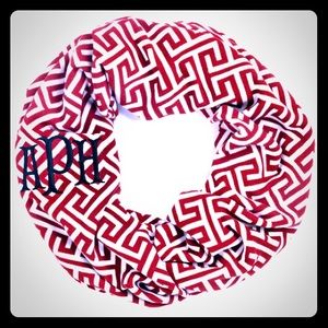 Red Greek Key infinity scarf.