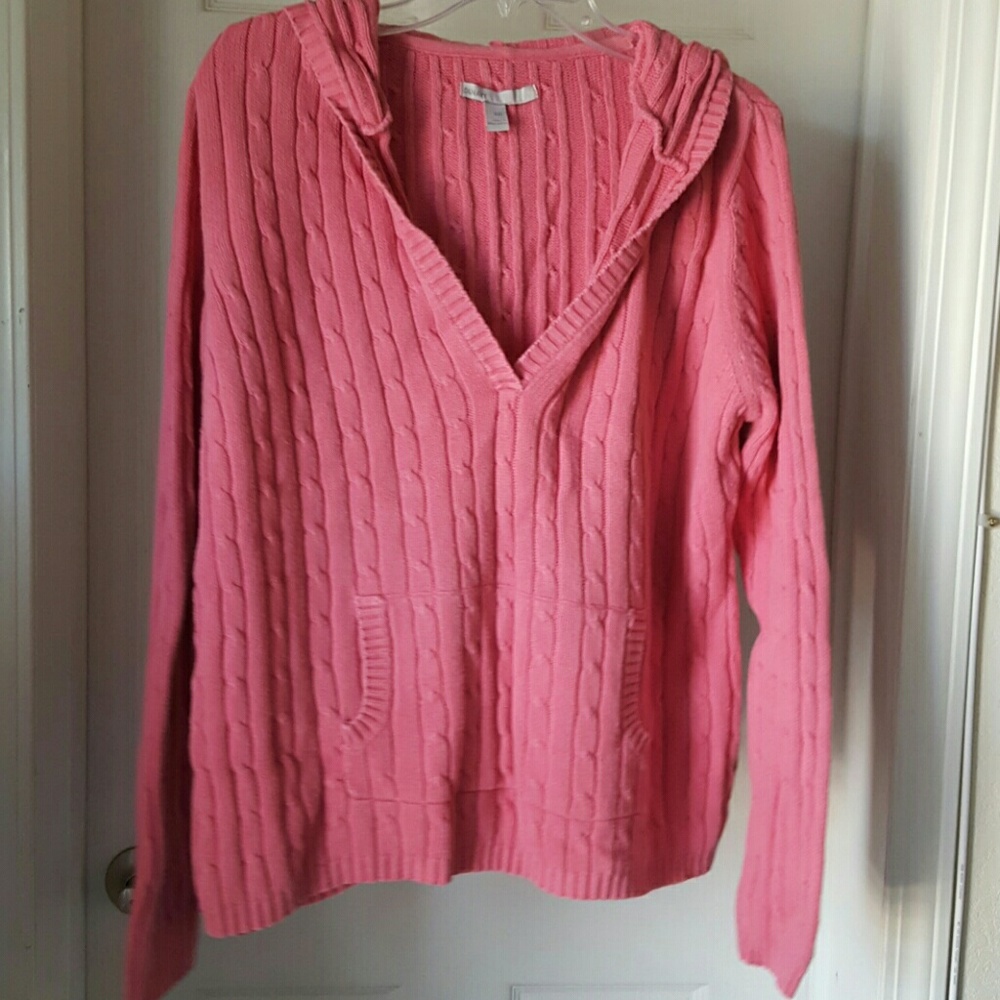 Pink cable knit hooded kangaroos pouch sweater