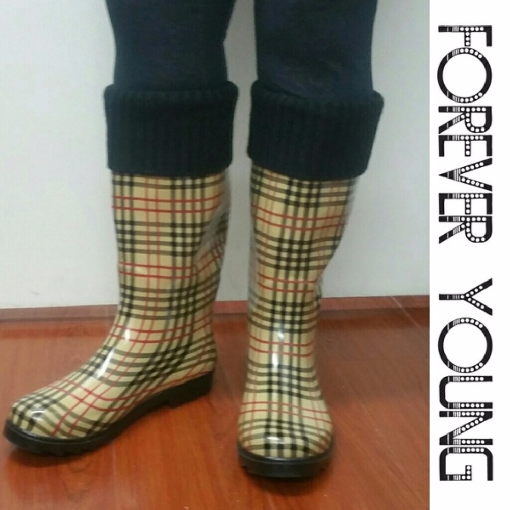Women Tall Rain Boots, #1805, Plaid w. Cuff - Picture 2 of 4
