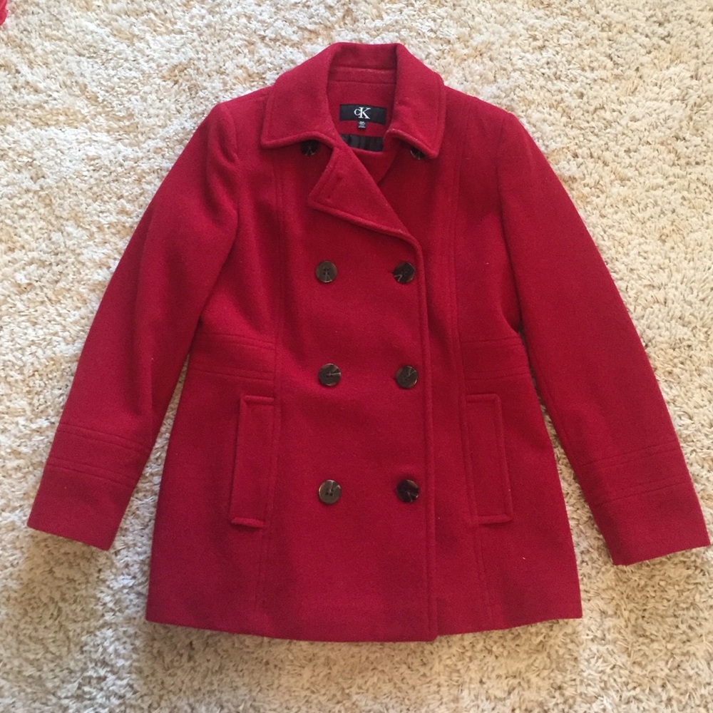 Red Calvin Klein pea coat